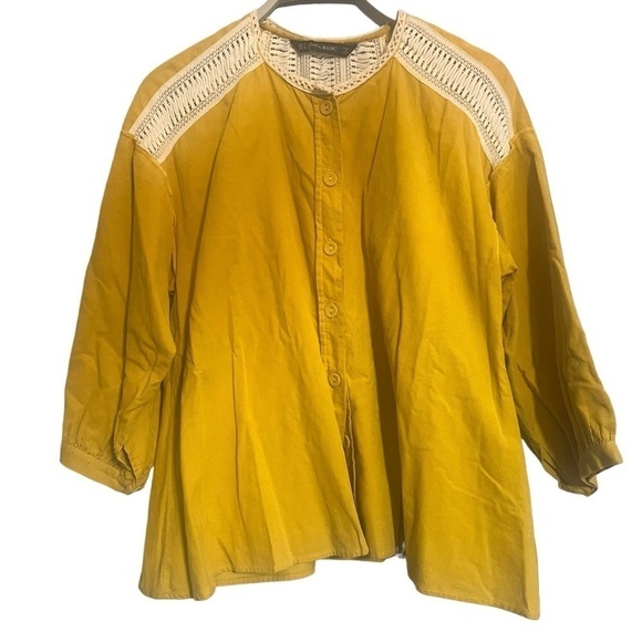 Zara Corduroy blouse small mustard yellow crochet  button down - Picture 1 of 11